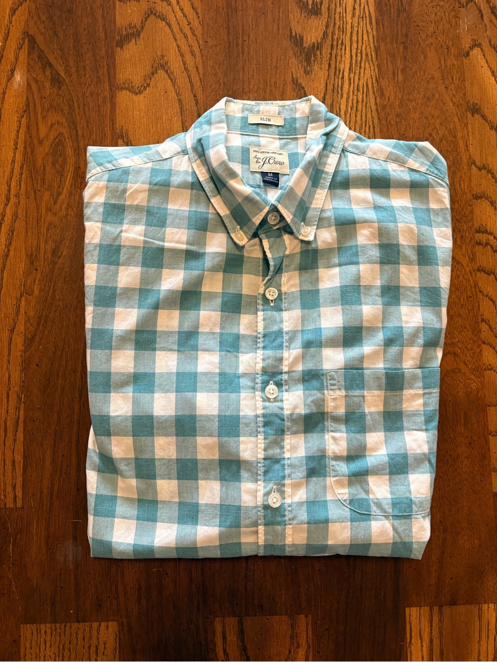 J. Crew Men's Teal and White Gingham Button-Down Shirt